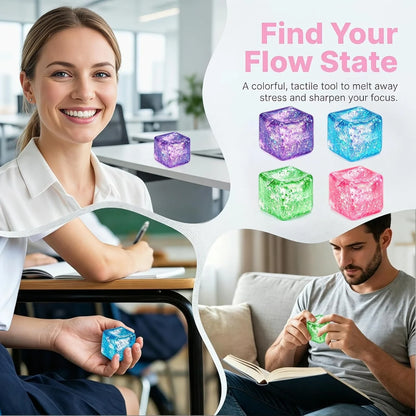 Glitter Ice Cube Squishy Fidget Toys, Squishy Cube Stress Balls for Adults & Kids, Slow Rising Stress Relief Toys, Squeeze Ball Filled with Thick Substance and Glitter (Purple)