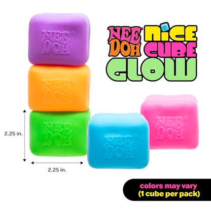 Schylling NeeDoh Nice Cube Glow - Squeeze Toy with a Super Solid Squish - Glows in The Dark - 2.25" Cube - Color May Vary (Pack of 1)