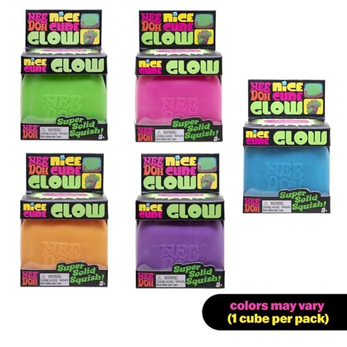 Schylling NeeDoh Nice Cube Glow - Squeeze Toy with a Super Solid Squish - Glows in The Dark - 2.25" Cube - Color May Vary (Pack of 1)