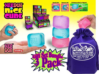 Nice Cube Translucent NeeDoh...Groovy Glob! Squishy, Squeezy, Popping, Stretchy Stress Fidget Cubes Complete Gift Set Party Bundle with Storage Bag - 3 Pack (Purple, Pink & Blue)