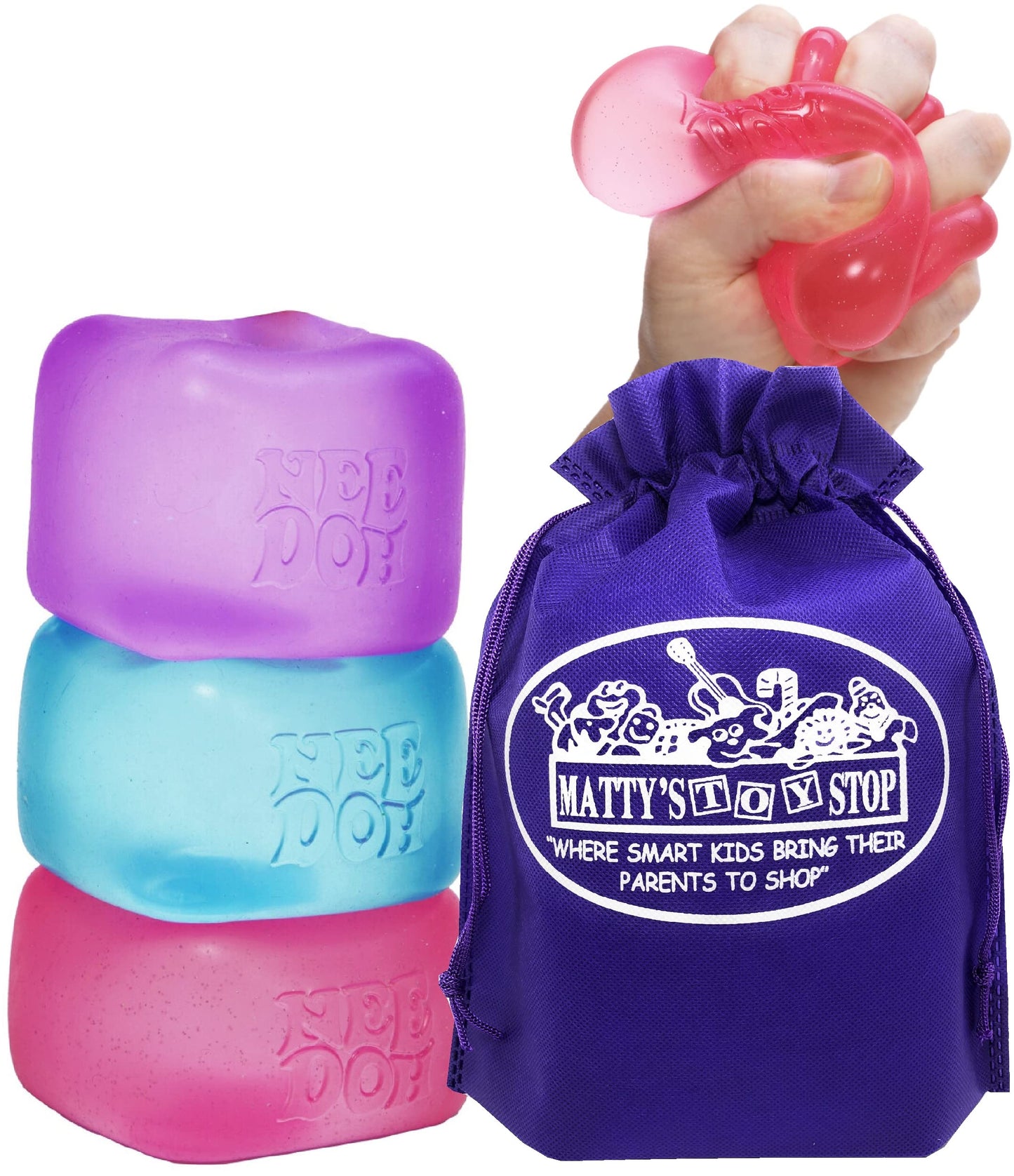 Nice Cube Translucent NeeDoh...Groovy Glob! Squishy, Squeezy, Popping, Stretchy Stress Fidget Cubes Complete Gift Set Party Bundle with Storage Bag - 3 Pack (Purple, Pink & Blue)
