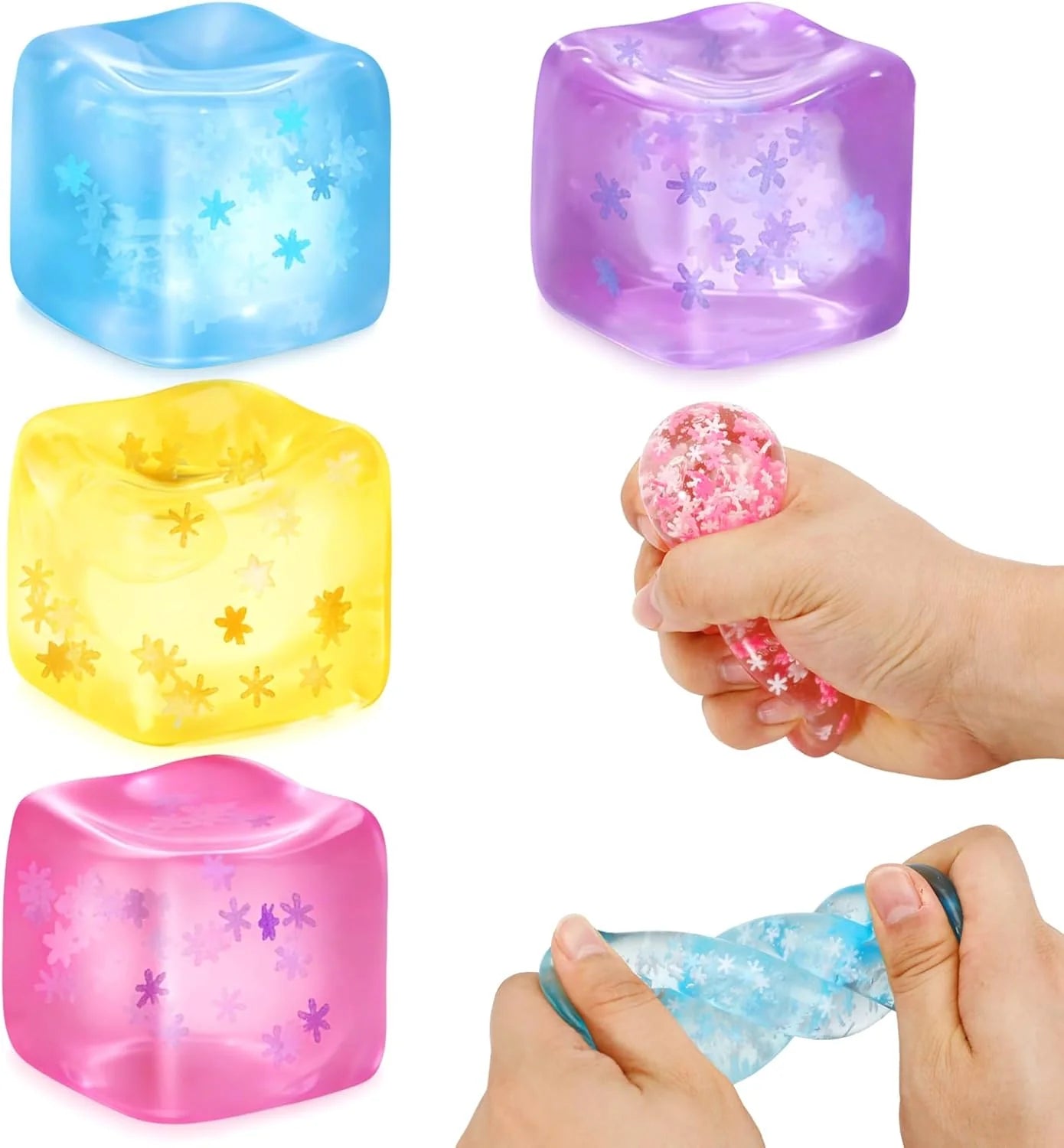 Fidget Toy Stress Cube- 4 Pack Sensory Squeeze Toys, Slow Rising Squishy Cube Filled with Thick Substance and Snowflakes Crafts, Anxiety Stress Relief Calming Tool for Adults and Kids - US 4192