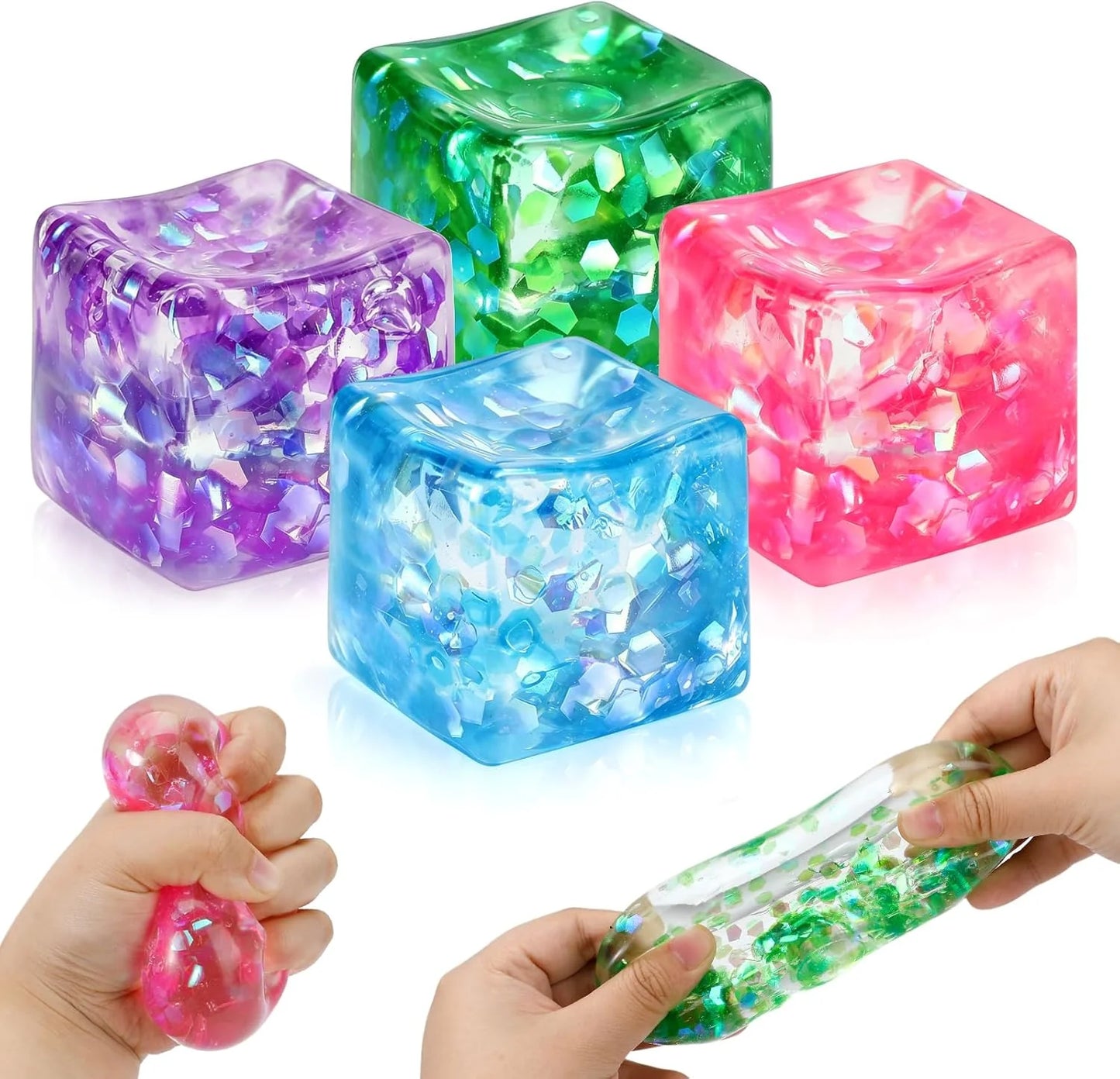 4 Pack Glitter Ice Cube Squishy, Slow Rising Stress Relief Toys, Square Stree Balls Fidget Toys for Adults Boys Girls, Squeeze Ball Sensory Toys for Kids with Autism, Party Favors Gifts - US 9415