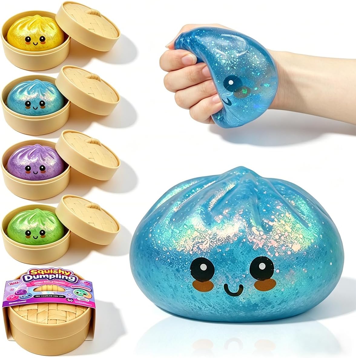 Anditoy Dumpling Stress Balls Glitter Squishy Toys Giant Squishy Mystery Box Squeeze Toys for Adults Stress Relief Desk Toys Kids Party Favors Birthday Gifts (Blue) - US 3237