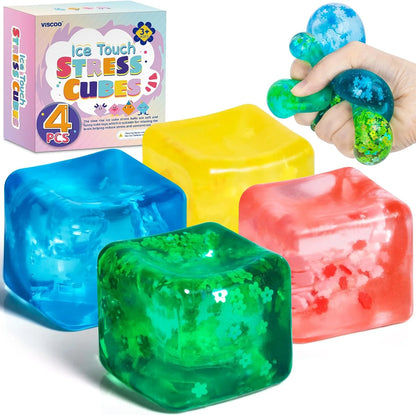 4 Pack Fidget Toy Stress Cube, Slow Rise Stress Balls Ice Cube,Mellow and Chill,Square Squishy Balls for Anxiety Relief,Cube Squishy,Prize Box Toys for Kids Classroom Birthday Gifts Party Favors - US 7965