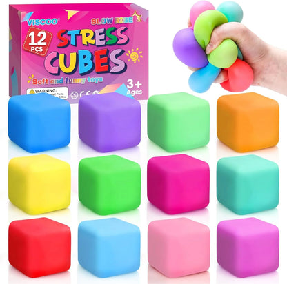 12 Pack Slow Rising Stress Cube, Dough Stress Balls Squishy Fidget Toys for Anxiety Relief, Soft Fidget Cube, Pull Stretch Squishy Toys for Classroom Prize, Party Favors for Kids Adults - US 7782