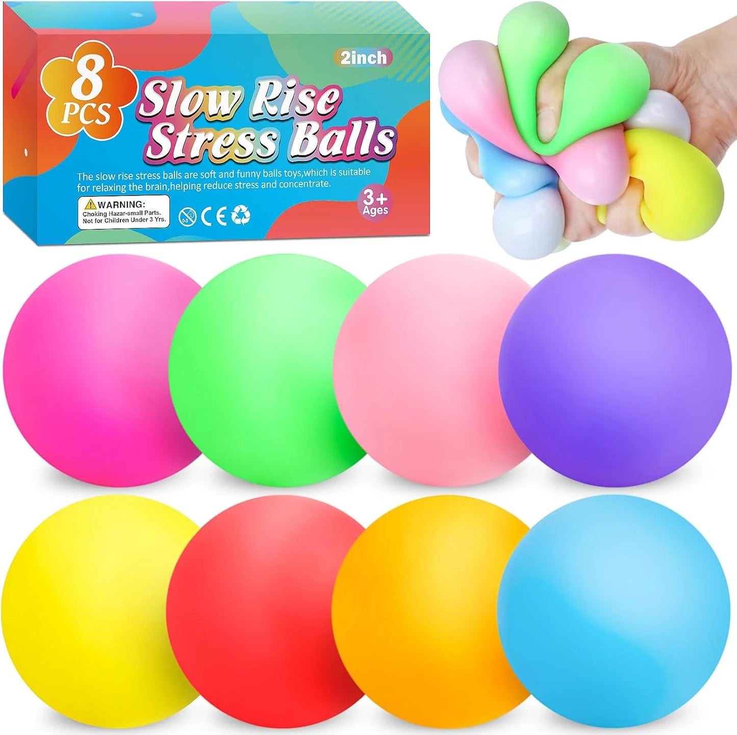 8 Pack Slow Rising Stress Ball,Stress Balls for Kids Adults,Stretchy Fidget Toys for Anxiety Relief,Hand Therapy Sensory Squishy Ball,Squishy Toys,Treasure Prize Box Toys for Kids Classroom - US 3529