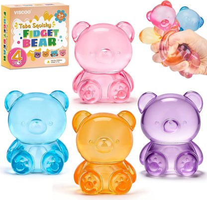 VISCOO 4 Pack Stress Bear Squishy Ball, Sugar Filled Gummy Bear Toys, Taba Squishy Toys for Kids Stress Relief, High Density Stress Balls for Calming - Soft Squeeze Balls Party Favors Birthday Gifts - US 8578