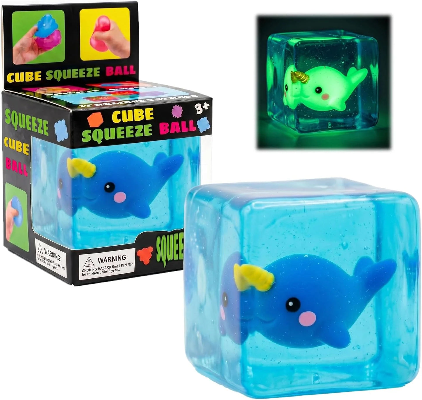 Cube Squeeze Ball Stress Fidget Toy, Glow in the Dark Gel Filled Ice Cube, Slow Rising Squishy Sensory Toy for Anxiety Relief, Kids and Adults (Narwhal) - US 8185