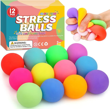12 Pack Slow Rising Stress Ball,Stress Balls for Kids Adults,Stretchy Fidget Toys for Stress Relief,Hand Therapy Sensory Squishy Ball, Squishy Toys for Kids, Classroom Prize Box Party Favors - US 8634