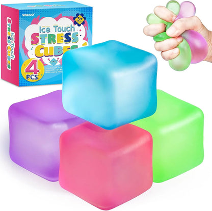 4 Pack Stress Cube, Slow Rising Ice Cube Stress Balls for Adults Kids, Sensory Fidget Toy for Anxiety Relief, Square Shape Squishy Balls for Classroom Prizes, Cube Squishy for Party Favors - US 4605