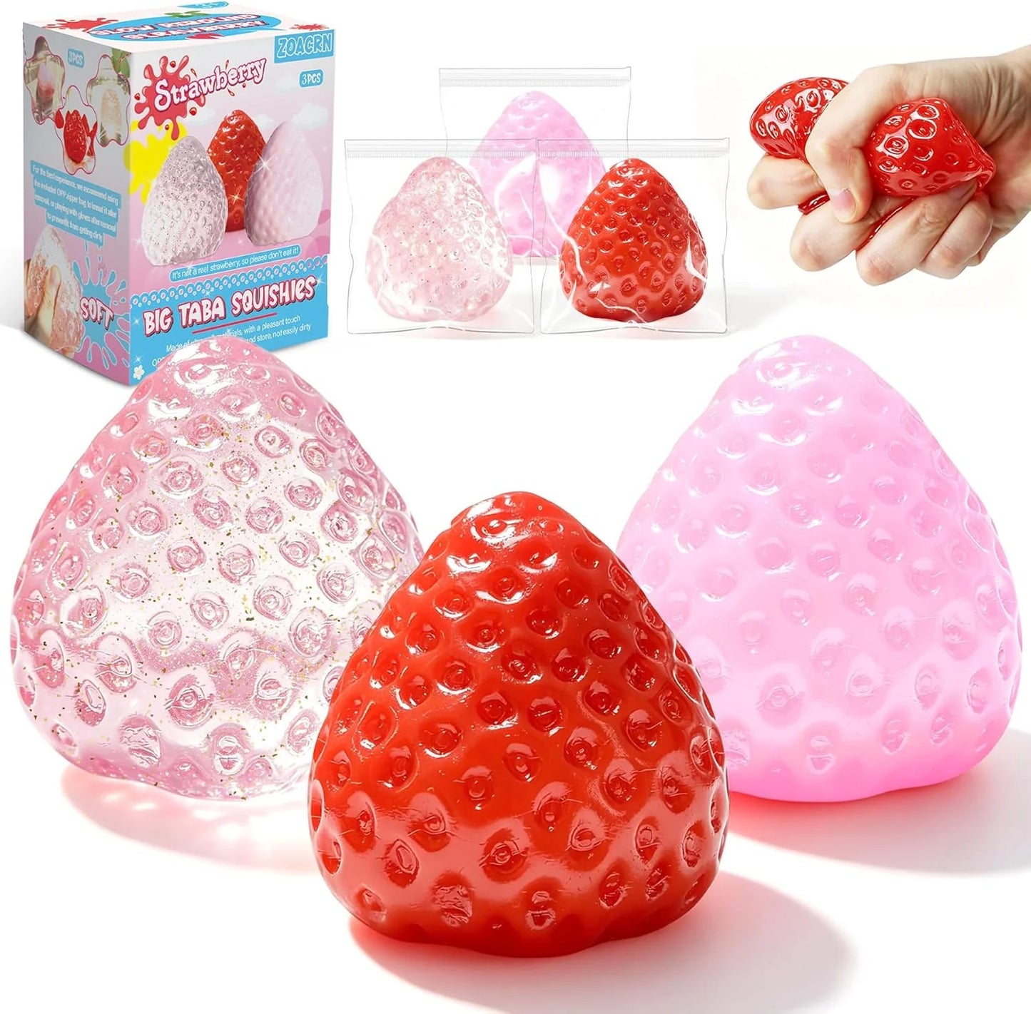 3Pcs Big Taba Squishies Strawberry, Cute Strawberry Squeeze Toys, Upgrade Fruit Squishies, Kawaii Sticky Stress Toy, Clear Fidget Toys, Valentines Gift for Kids, Teen Boys Girls Birthday Gift Ideas - US 4026