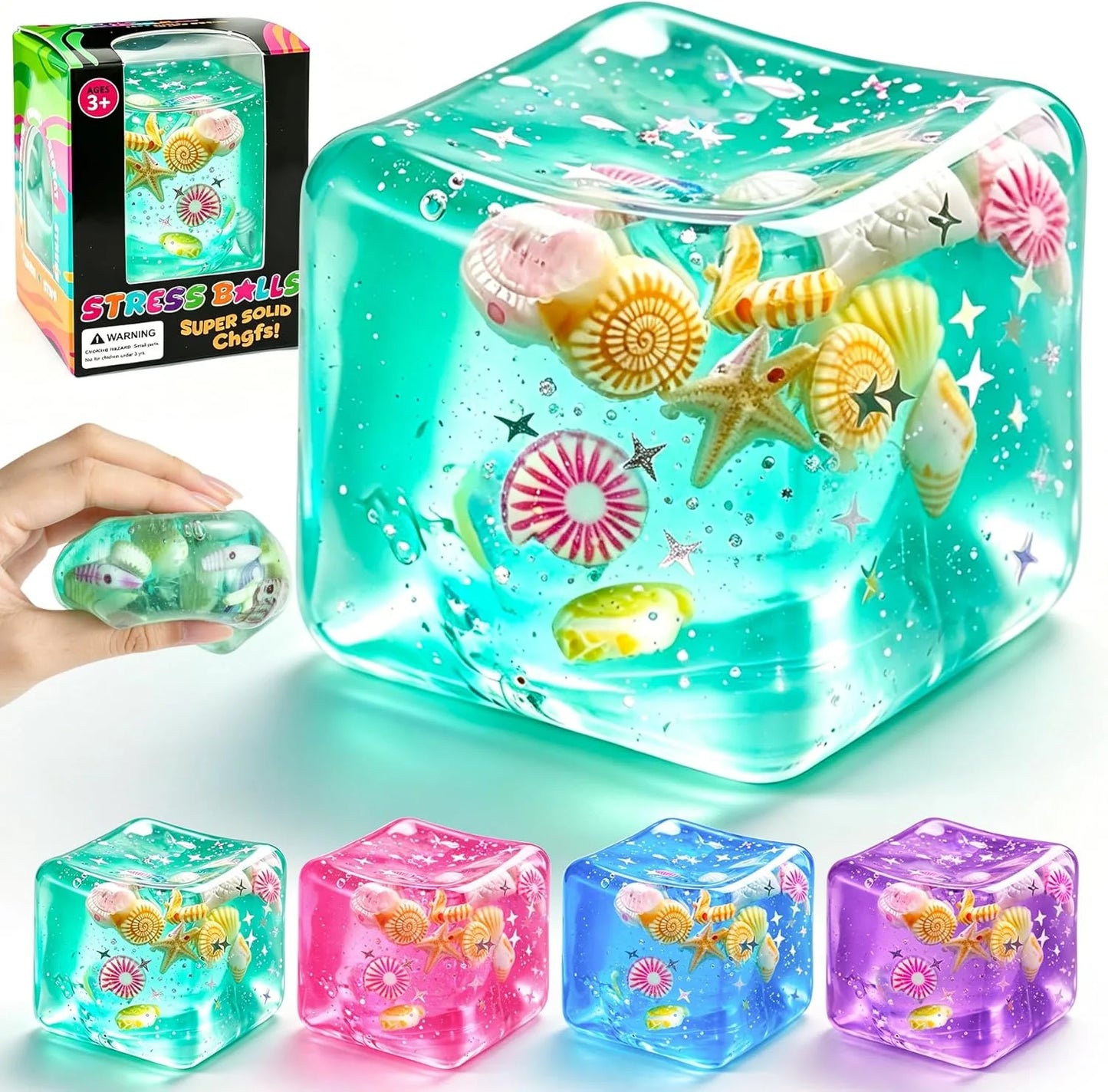 1Pc Ice Cube Squishy Stress Balls,Slow Rising Sensory Fidget Toy with Marine Shells Inside Square Soft Sensory Anxiety Relief Squeeze Cube for Adults Teens Kids(Green) - US 8717