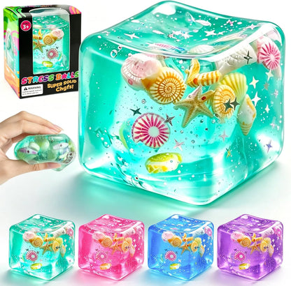 1Pc Ice Cube Squishy Stress Balls,Slow Rising Sensory Fidget Toy with Marine Shells Inside Square Soft Sensory Anxiety Relief Squeeze Cube for Adults Teens Kids(Green) - US 8717