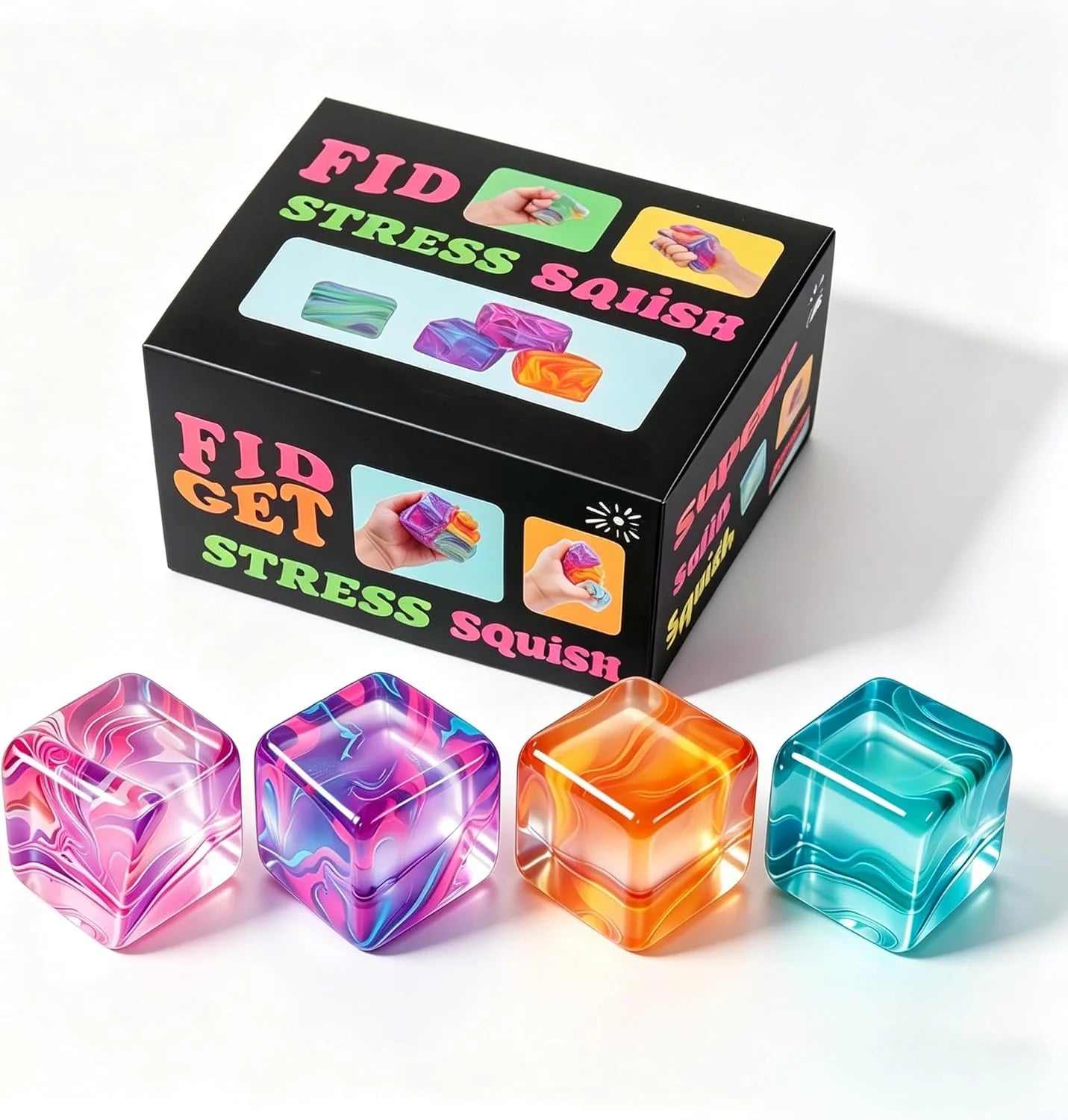 4Pack Fidget Toys Mini Squishy Stress Cube, Stress Balls for Kids, Adults Squishies Anxiety Stress Relief, Ice Squishy Cube Sugar Balls, Sensory Toys for Kids with Autism, Fidgets for Classroom Prize - US 3829