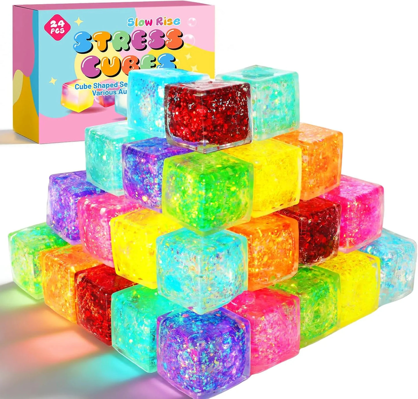 24 Pack Slow Rising Ice Cube Squishy Stress Balls，Stress Cube for Adults Kids , Bulk Taba Squish Fidget Toys, Square Squeeze Toy for Classroom Prizes, Mini Nice Cube Squishy for Party Favors - US 6220