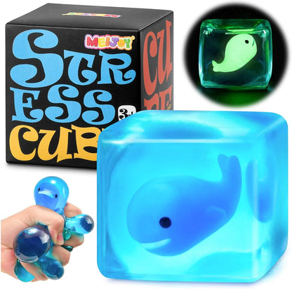 Stress Cube Squishy Fidget Toys Kids Adults - Glow in The Dark Whale Squish Toy Sensory Toys for Kids with Autism Stress Balls for Kids Squeeze Toys for Anxiety Stress Relief Easter Basket Stuffers - US 6243